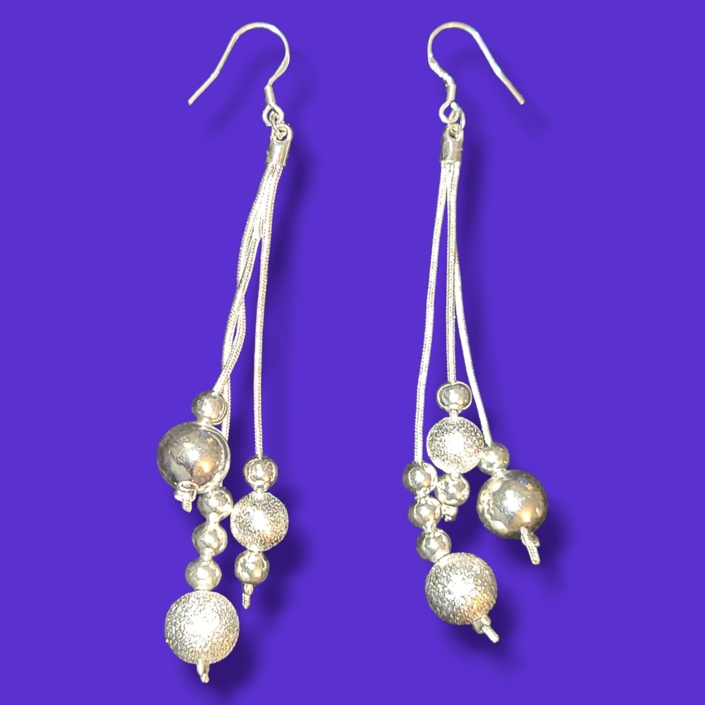 925 Sterling Silver Bead Dangle Earrings Long Tassel Drop 10.61g Vintage